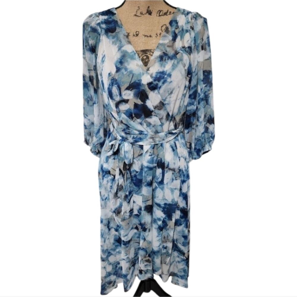 DKNY Dress Womens Blue Floral Midi Wrap Belted Sheer 3/4 Sleeve Career 10 new